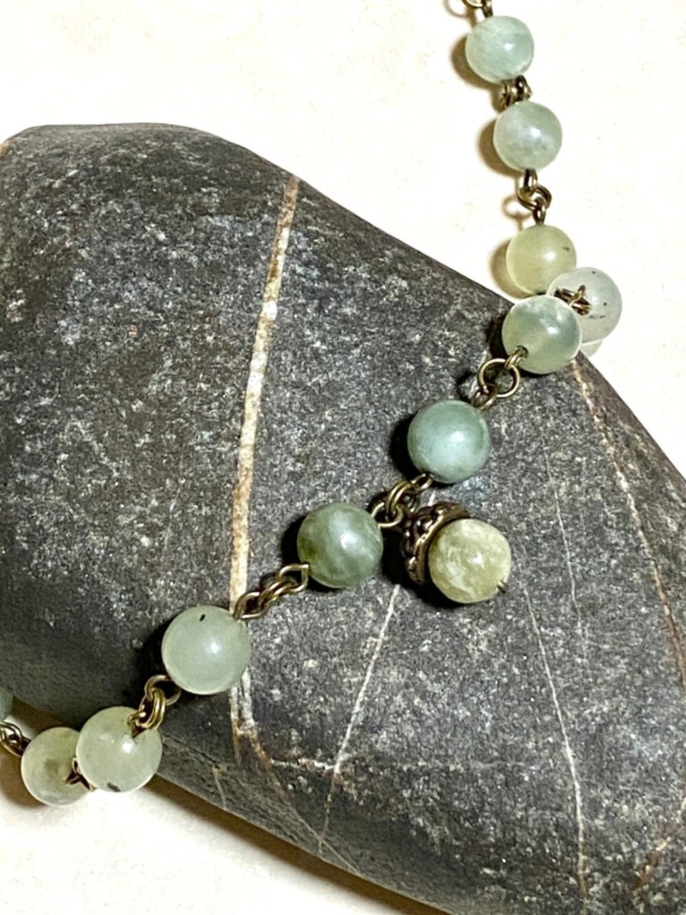 Mint Green Serpentine Short Necklace, Gemstone & Cute Bronze Acorn Pendant